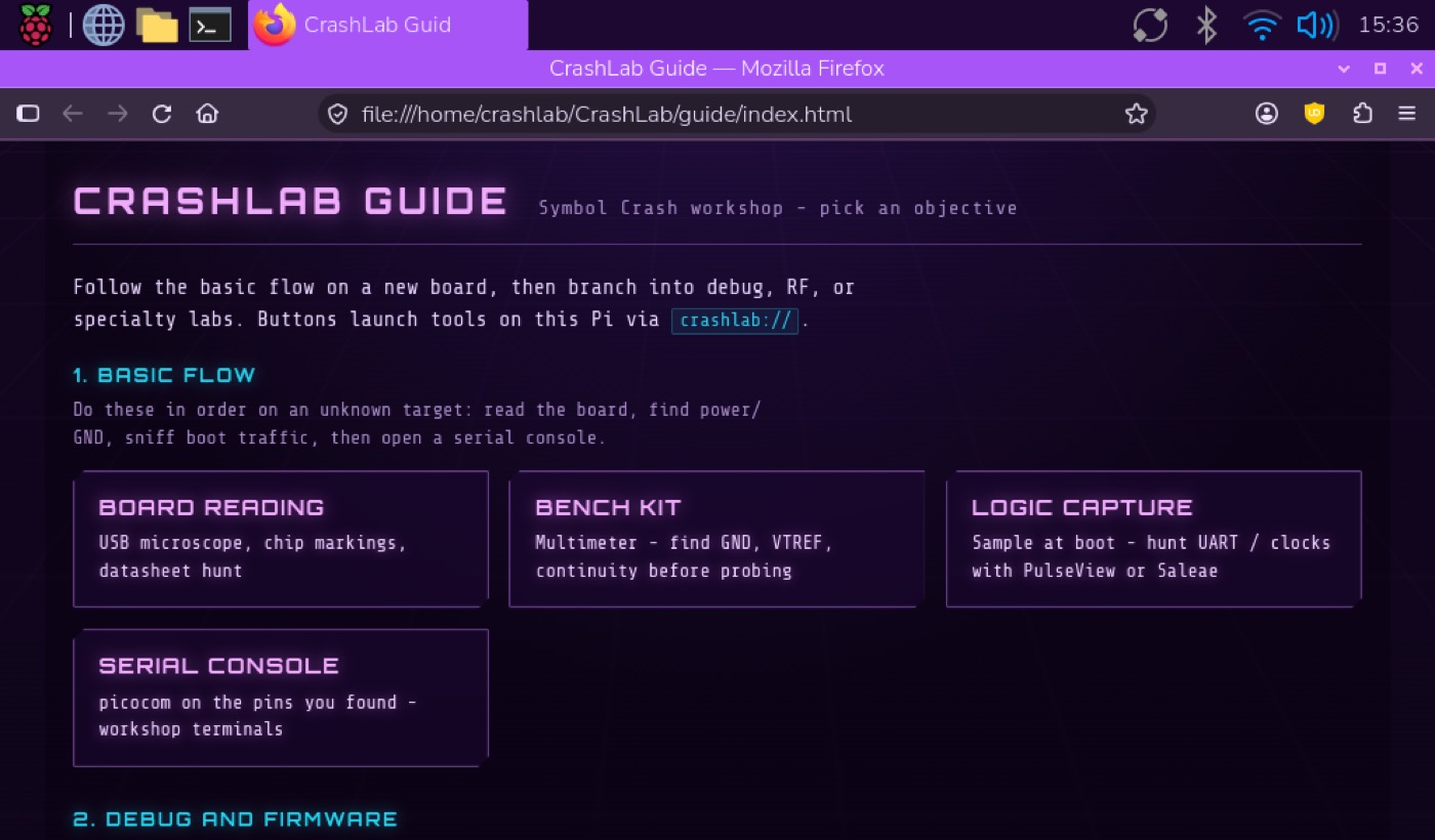 CrashLab Guide hub in Firefox showing Basic Flow cards for board reading, bench kit, logic capture, and serial console